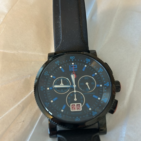 Unisex Michele stainless steel sapphire 5 ATM. Black and blue chronograph.  EUC. - Picture 2 of 5